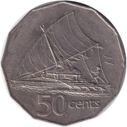 Монета 50 центов. 1982 год, Фиджи. Фиджийское каноэ Такиа (Каунитони). Монета 50 центов. 1982 год, Фиджи. Фиджийское каноэ Такиа (Каунитони).