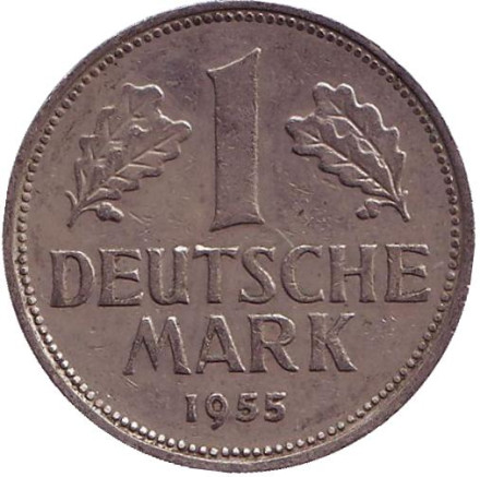 Монета 1 марка. 1955 год (D), ФРГ.
