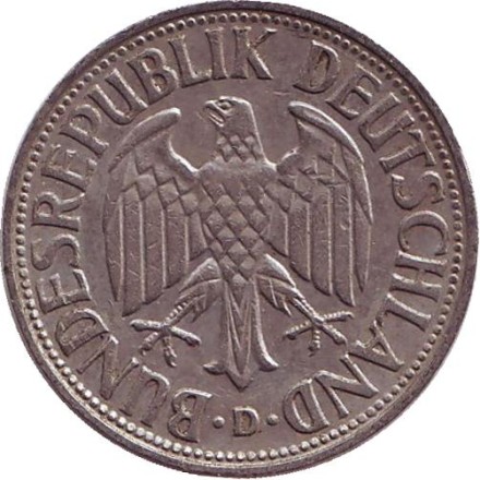 Монета 1 марка. 1955 год (D), ФРГ. Монета 1 марка. 1955 год (D), ФРГ.
