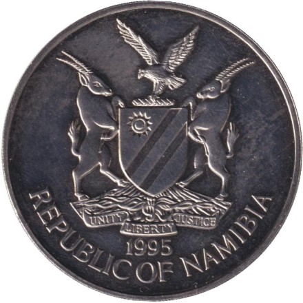 Монета 10 долларов. 1995 год, Намибия. 50 лет Организации Объединенных Наций.