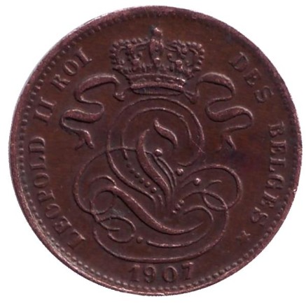 Монета 1 сантим. 1907 год, Бельгия. (Des Belges)