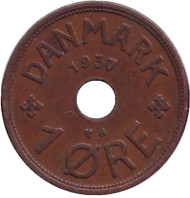 Монета 1 эре. 1937 год, Дания. Монета 1 эре. 1937 год, Дания.