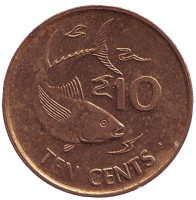 Желтопёрый тунец. Монета 10 центов. 2012 год, Сейшельские острова. Из обращения.
