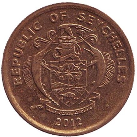 Монета 10 центов. 2012 год, Сейшельские острова. Из обращения. Желтопёрый тунец.