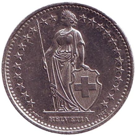 Монета 1 франк. 2011 (В) год, Швейцария. Гельвеция. Монета 1 франк. 2011 (В) год, Швейцария. Гельвеция.