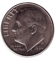 Монета 10 центов. 1994 (P) год, США. Рузвельт. Монета 10 центов. 1994 (P) год, США. Рузвельт.