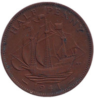 Монета 1/2 пенни. 1941 год, Великобритания. "Золотая лань". Монета 1/2 пенни. 1941 год, Великобритания. "Золотая лань".