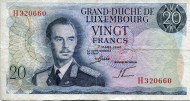 Банкнота 20 франков. 1966 год, Люксембург. Банкнота 20 франков. 1966 год, Люксембург.