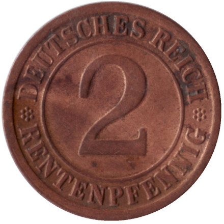 Монета 2 рентенпфеннига. 1924 год (F), Веймарская республика.