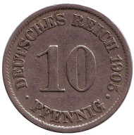 Монета 10 пфеннигов. 1905 год (A), Германская империя. Монета 10 пфеннигов. 1905 год (A), Германская империя.