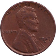 Монета 1 цент. 1947 год (D), США. Линкольн. Монета 1 цент. 1947 год (D), США. Линкольн.
