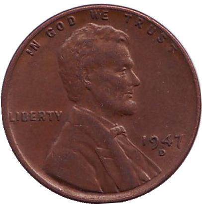 Монета 1 цент. 1947 год (D), США. Линкольн.