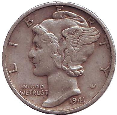 Монета 10 центов. 1941 год (S), США. Меркурий.