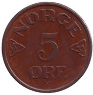 Монета 5 эре. 1954 год, Норвегия. Монета 5 эре. 1954 год, Норвегия.