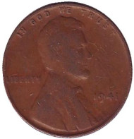 Монета 1 цент. 1941 год (P), США. Линкольн. Монета 1 цент. 1941 год (P), США. Линкольн.