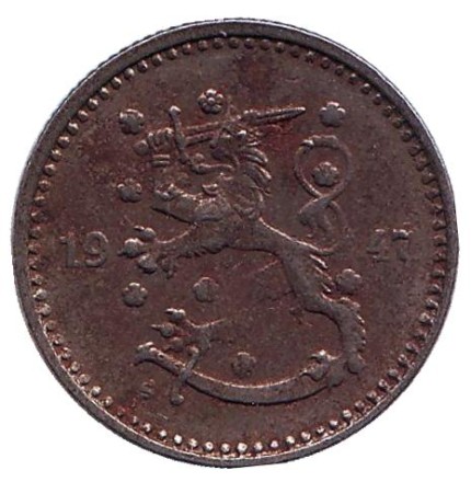 Монета 1 марка. 1947 год, Финляндия.