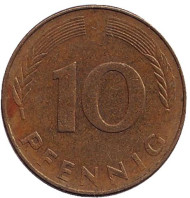 Монета 10 пфеннигов. 1978 год (J), ФРГ. Дубовые листья. Монета 10 пфеннигов. 1978 год (J), ФРГ. Дубовые листья.