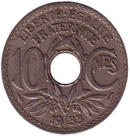 Монета 10 сантимов. 1933 год, Франция. Монета 10 сантимов. 1933 год, Франция.