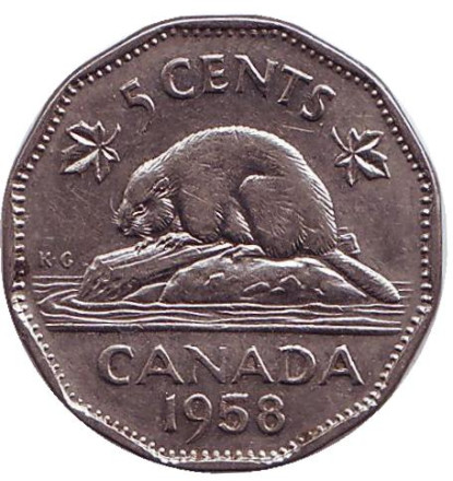Монета 5 центов, 1958 год, Канада. Бобр.