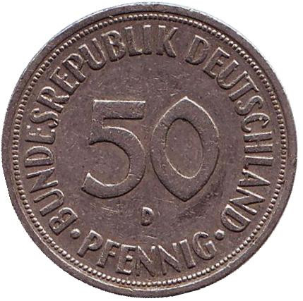 Монета 50 пфеннигов. 1969 (D) год, ФРГ. Женщина, сажающая дуб. Монета 50 пфеннигов. 1969 (D) год, ФРГ. Женщина, сажающая дуб.