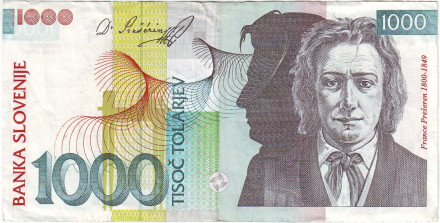 Банкнота 1000 толаров. 1993 год, Словения. Франце Прешерн.