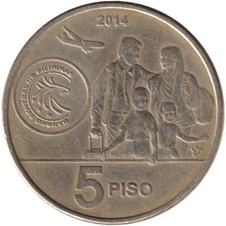 Монета 5 песо, 2014 год, Филиппины. Филиппинцы за рубежом.
