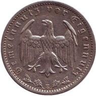 Монета 1 рейхсмарка. 1934 год, Германия (Третий Рейх). (E). Монета 1 рейхсмарка. 1934 год, Германия (Третий Рейх). (E).
