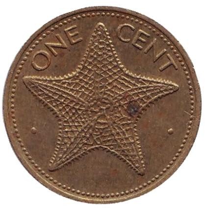 Монета 1 цент. 1977 год, Багамские острова. Морская звезда.
