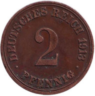 Монета 2 пфеннига. 1913 год (А), Германская империя. Монета 2 пфеннига. 1913 год (А), Германская империя.