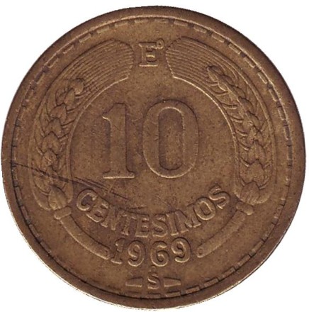 Монета 10 чентезимо. 1969 год, Чили. Из обращения. Кондор. Монета 10 чентезимо. 1969 год, Чили. Из обращения. Кондор.