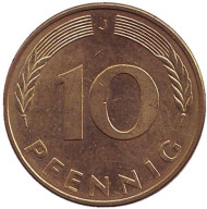 Монета 10 пфеннигов. 1981 год (J), ФРГ. Дубовые листья. Монета 10 пфеннигов. 1981 год (J), ФРГ. Дубовые листья.
