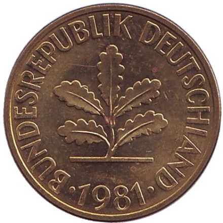 Монета 10 пфеннигов. 1981 год (J), ФРГ. Дубовые листья.