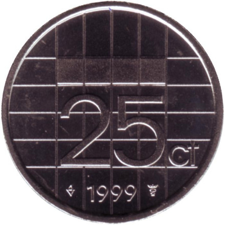 Монета 25 центов. 1999 год, Нидерланды. BU.