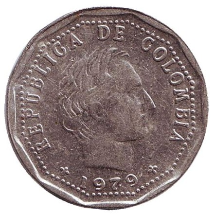 Монета 50 сентаво. 1979 год, Колумбия. Из обращения.