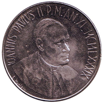 Монета 100 лир. 1989 год, Ватикан. Иоанн Павел II. Пеликан с птенцами.