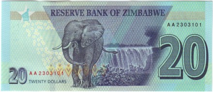 Банкнота 20 долларов. 2020 год, Зимбабве. Банкнота 20 долларов. 2020 год, Зимбабве.