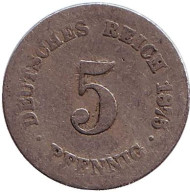 Монета 5 пфеннигов. 1875 год (G), Германская империя. Монета 5 пфеннигов. 1875 год (G), Германская империя.