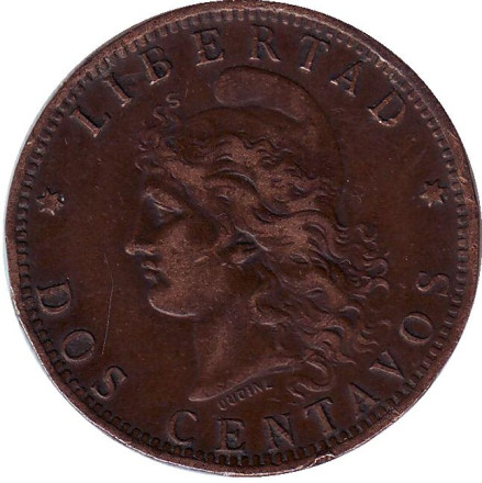 Монета 2 сентаво. 1890 год, Аргентина. Монета 2 сентаво. 1890 год, Аргентина.