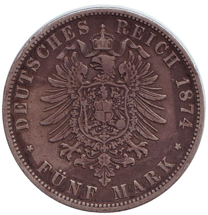 Монета 5 марок. 1874 год, Германская империя. Пруссия. Монета 5 марок. 1874 год, Германская империя. Пруссия.