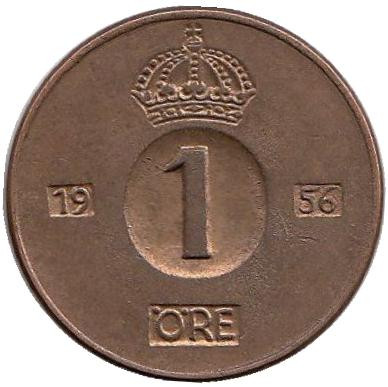 Монета 1 эре. 1956 год, Швеция.