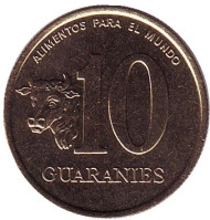 Монета 10 гуарани. 1990 год, Парагвай. UNC. Бык.