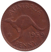 Кенгуру. Монета 1 пенни. 1959 год, Австралия. (Точка после "PENNY")