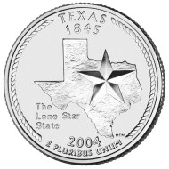 Монета 25 центов (P). 2004 год, США. Техас. Штат № 28. Монета 25 центов (P). 2004 год, США. Техас. Штат № 28.