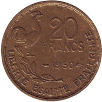 Монета 20 франков. 1950 год, Франция. "G. Guiraud", 3 пера.