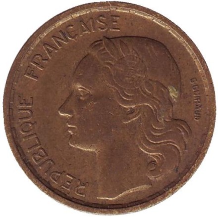 Монета 20 франков. 1950 год, Франция. "G. Guiraud", 3 пера. Монета 20 франков. 1950 год, Франция. "G. Guiraud", 3 пера.