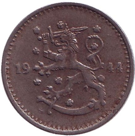 Монета 1 марка. 1944 год, Финляндия.