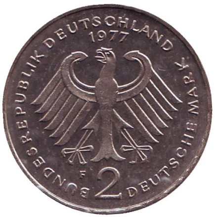 Монета 2 марки. 1977 год (F), ФРГ. Конрад Аденауэр. Монета 2 марки. 1977 год (F), ФРГ. Конрад Аденауэр.
