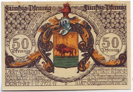 Нотгельд Шлайца. Иоганн Бёттгер. 50 пфеннигов. 1921 год, Веймарская республика (Германия).