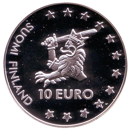 Монета 10 евро. 1996 год, Финляндия. Крепость Олавинлинна. Монета 10 евро. 1996 год, Финляндия. Крепость Олавинлинна.