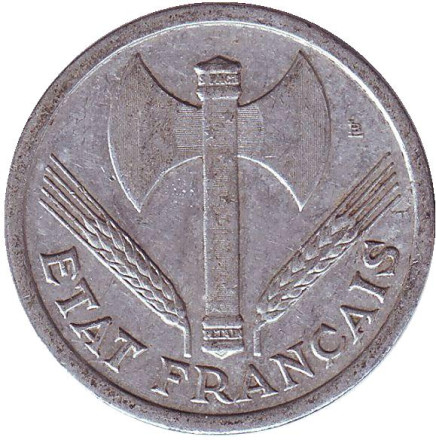 Монета 2 франка. 1943 год, Франция. Режим Виши. Travail Famille Patrie.